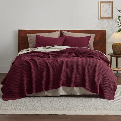 Bedsure 100% Cotton Blanket King Size for Bed - Breathable and Soft, Waffle Weave Blanket for Summer, Thick Cozy Fall Blankets for Women Gift, Red, 104x90 inches