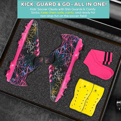 brooman Kids Firm Ground Soccer Cleats Girls Football Cleats with Shin Guards and Soccer Socks