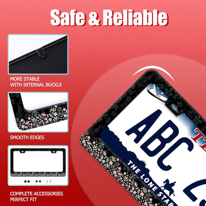 Cute Pink Flowers License Plate Frame Colorful Floral License Plate Frames Funny Auto Accessories Stainless Steel License Plate Holder 6x12 Inch