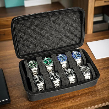 8 slots watch box, hard watch organizer case for men's women's watches, watch display organization holder with form-fitiing watch pillow