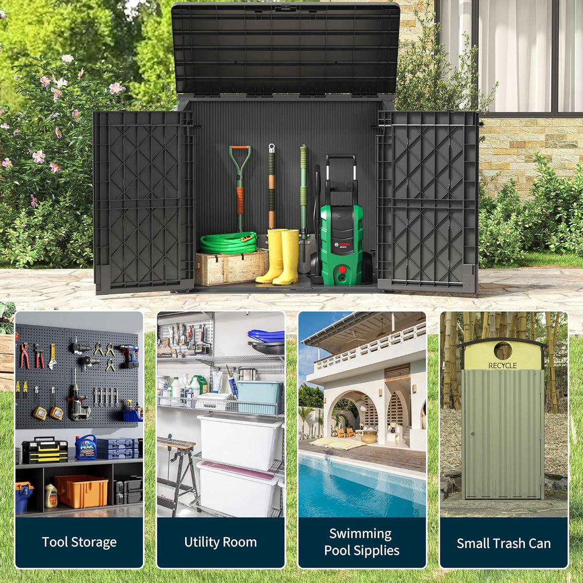 Outdoor Storage Cabinet 36 Cu Ft with Lockable Doors, Portable Horizontal Resin Storage Shed -Easy to Assemble, Waterproof Outdoor Storage Box for Backyards,Patios Black