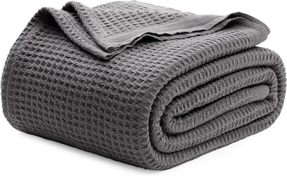 Bedsure 100% Cotton Blanket King Size for Bed - Breathable and Soft, Waffle Weave Blanket for Summer, Thick Cozy Fall Blankets for Women Gift, Dark Grey, 104x90 inches