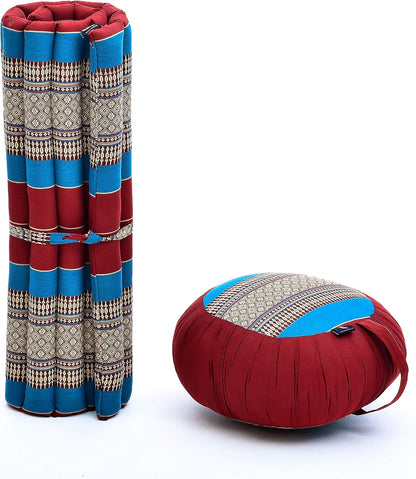 Leewadee Meditation Cushion Set – 1 Round Zafu Meditation Pillow and 1 Square Roll-Up Zabuton Meditation Mat, Pillows Bundle Filled with Kapok