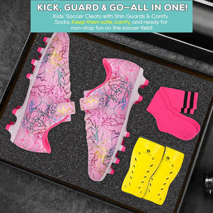 brooman Kids Firm Ground Soccer Cleats Girls Football Cleats with Shin Guards and Soccer Socks