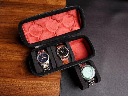 3 slots Watch travel case,Hard watch roll, travel watch case organizer holder with form-fitting pillow, red microfiber lining, fit large and small watches, perfect for travel and home.