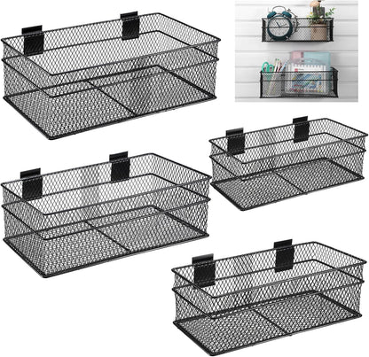 Barydat 4 Pcs Slatwall Basket Set Ventilated Metal Slatwall Basket Hanging Wire Bins Wall Mounted Accessories for Panel Garage Storage Display Organizing(Big Size,Black)