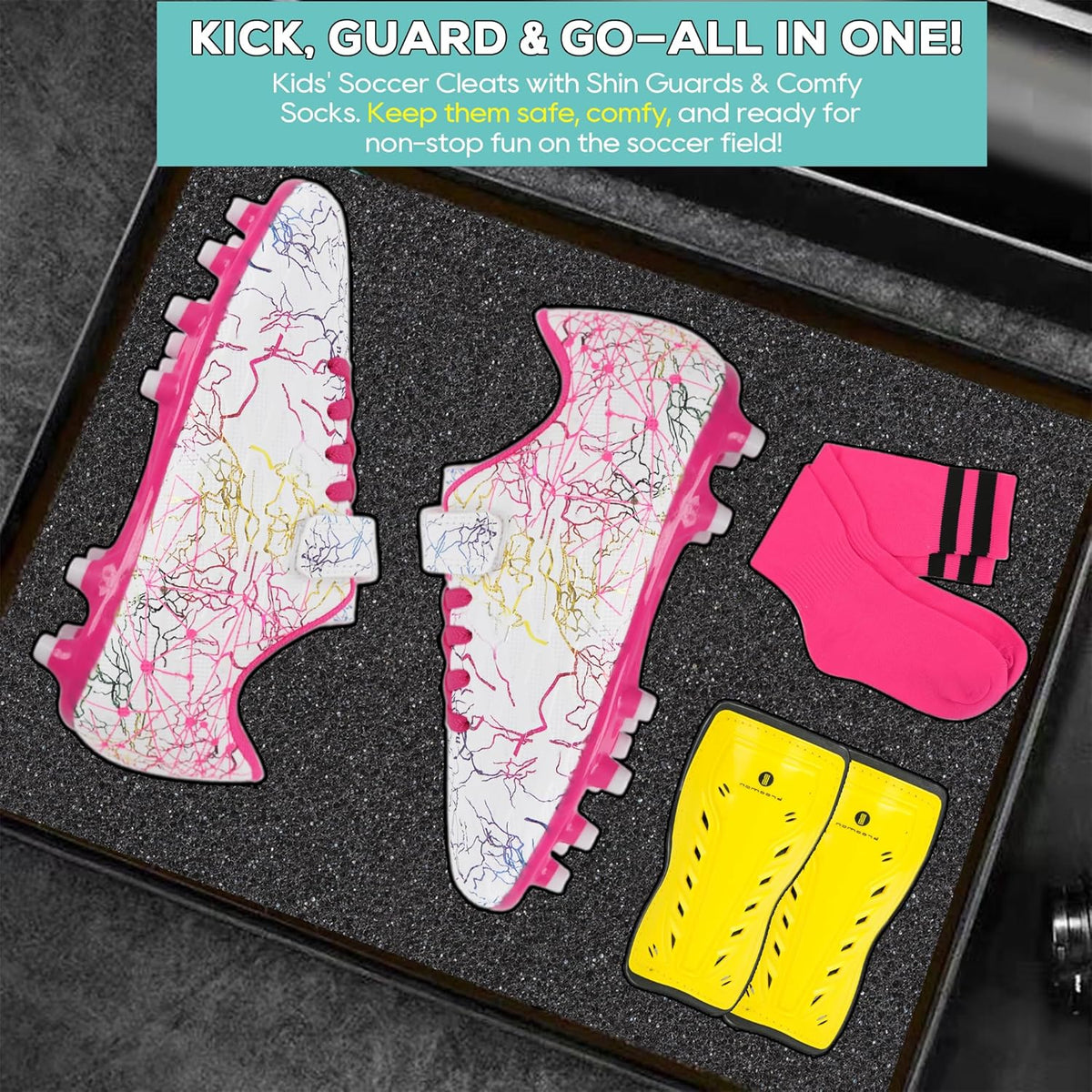 brooman Kids Firm Ground Soccer Cleats Girls Football Cleats with Shin Guards and Soccer Socks