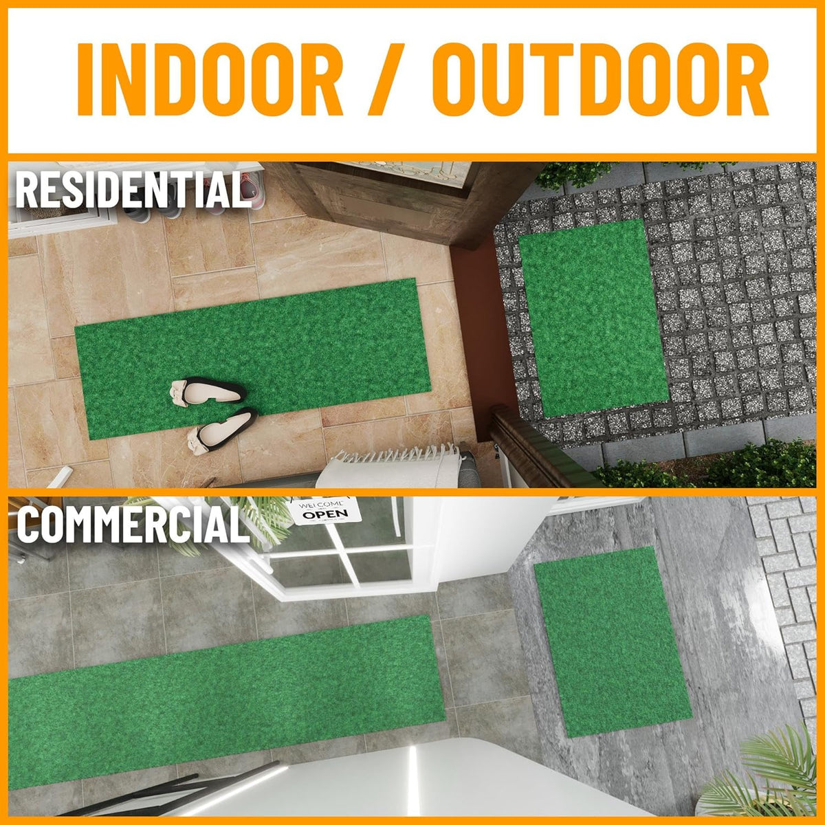 Ottomanson 2' x 54' Hallway Runner with Scraper Pile Extra Durable Non-Slip Rug Mat for Indoor & Outdoor Use - Ideal for Kitchen, Entryway, Patio & Garage - High-Traffic Carpet, Green