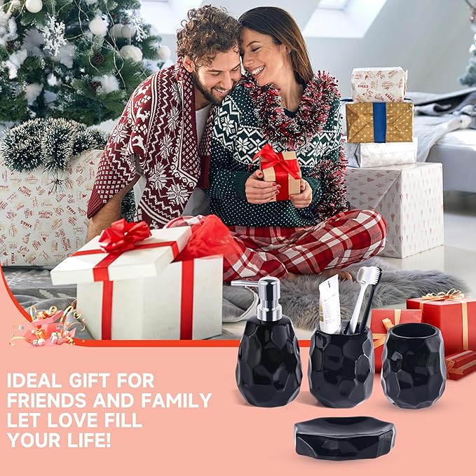 Ceramic Bathroom Accessories Set 4 PCS,Bathroom Toothbrush Holder Set,Soap and Toothbrush Holder Set,Include Toothbrush Holder,Soap Dispenser,Soap Dish,Tumbler,Bathroom Sets Decor Organizer (Black)