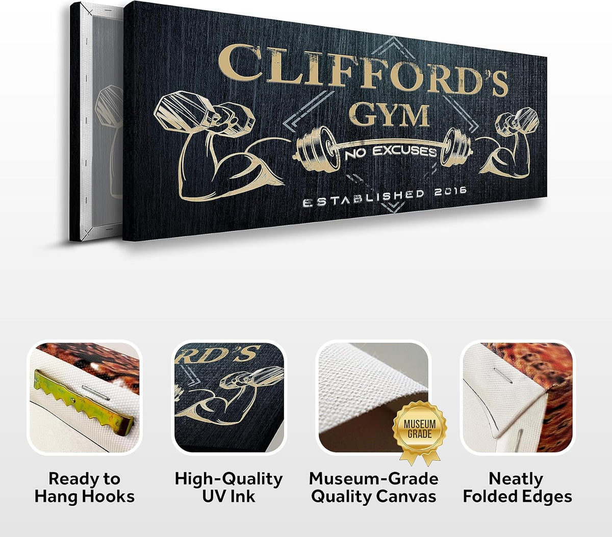 Tailored Canvases Personalized Gym Sign Wall Art Decor - Motivational Canvas for Home Gym, Workout Room, Garage, Fitness Center - Workout Inspirational Posters - Gym Name on Charcoal Background, 48x16in