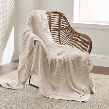 Bedsure 100% Cotton Large Throw Blanket for Couch 50x70 inches - Breathable and Soft, Waffle Weave Throw Blanket for Office, Khaki (a Little Bit Yellow)