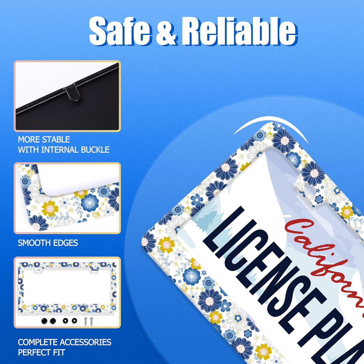 White Blue Hippie Flowers License Plate Frame Colorful Floral License Plate Holder Funny Car Accessory Decoration 12.3"x6.3" for Women