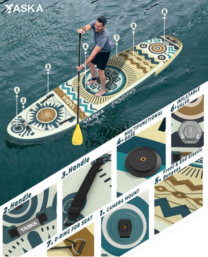 YASKA Inflatable Stand Up Paddle Board - 11ft Extra Wide Paddleboard with Premium SUP Board Accessories,Camera Mount,Non-Slip EVA Deck,5 Handles,Youth/Adult