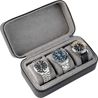 Watch Travel Case for Men | Leather Watch Case with 3 Slots | Perfect Travel Watch Organizer | Portable Watch Carrying Case for Men (Black/Grey)