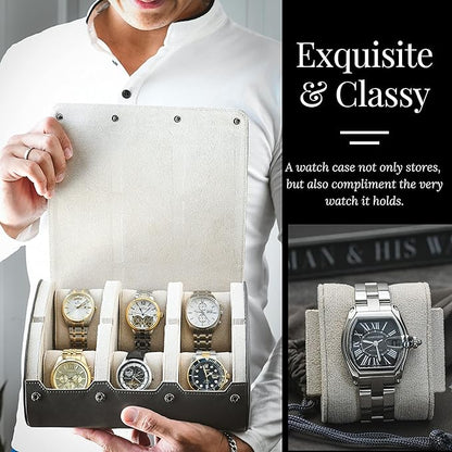 6 watch case box for travel and display organizer - Slate Grey & Ivory White