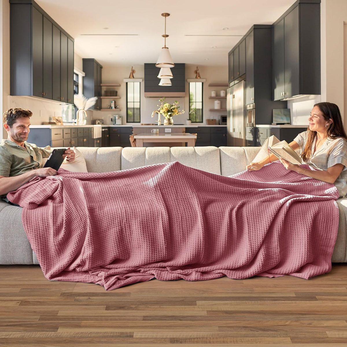 Bedsure 100% Cotton Blanket Queen Size for Bed - Breathable and Soft, Waffle Weave Blanket for Summer, Thick Cozy Fall Blankets for Women Gift, Dusty Rose, 90x90 Inches