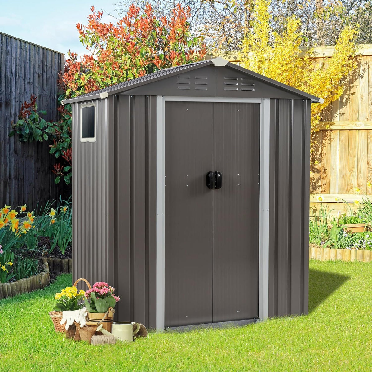 Vongrasig 5 x 3 x 6 FT Outdoor Storage Shed, Metal Tool Shed Clearance Garden Steel Shed with Side Window and Lockable Door Waterproof Tool Shed for Backyard Patio, Lawn (Gray)