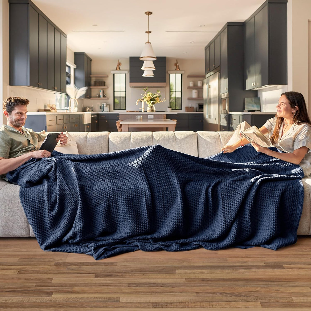 Bedsure 100% Cotton Blanket Queen Size for Bed - Breathable and Soft, Waffle Weave Blanket for Summer, Thick Cozy Fall Blankets for Women Gift, Pageant Blue, 90x90 Inches