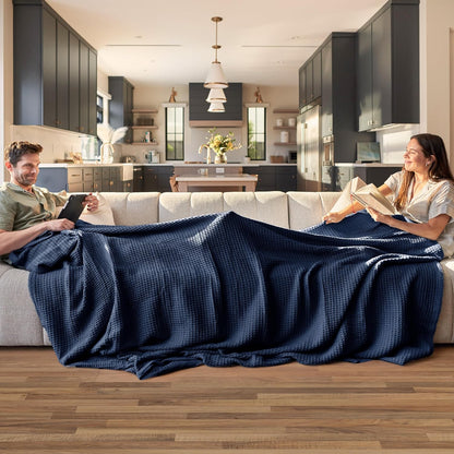 Bedsure 100% Cotton Blanket Queen Size for Bed - Breathable and Soft, Waffle Weave Blanket for Summer, Thick Cozy Fall Blankets for Women Gift, Pageant Blue, 90x90 Inches