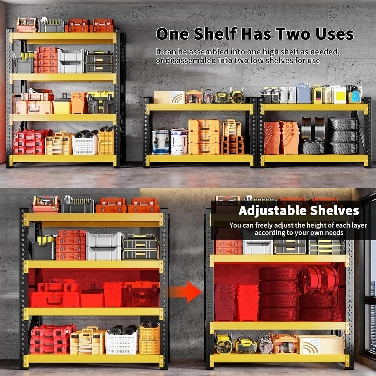 5000LBS Garage Shelving 59" W Garage Shelving Heavy Duty 4-Tier Metal Storage Shelves Adjustable Shelf Unit Storage Rack for Basement Supermarket Warehouse 59" W x 20" D x 78" H Yellow
