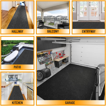Ottomanson 2' x 26' Hallway Runner with Scraper Pile Extra Durable Non-Slip Rug Mat for Indoor & Outdoor Use - Ideal for Kitchen, Entryway, Patio & Garage - High-Traffic Carpet, Black