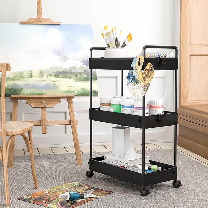 Ronlap 3 Tier Slim Rolling Storage Cart with Wheels Plastic Utility Cart Organizer for Snack Craft Art Postpartum Baby Diaper Nail Makeup in Bathroom Laundry Room Kitchen Bedside Narrow Space, Black