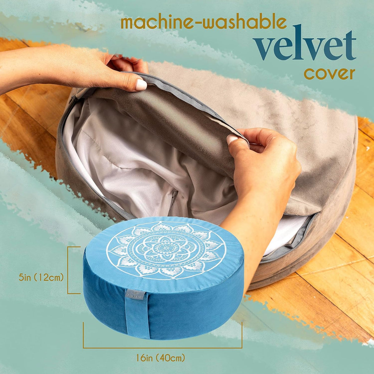 Florensi Meditation Cushion - Comfortable Floor Pillow - Traditional Tibetan Meditation Pillow with Beautiful Velvet Cover - Large Floor Cushion Seating for Adults - Premium Yoga Buckwheat Bolster