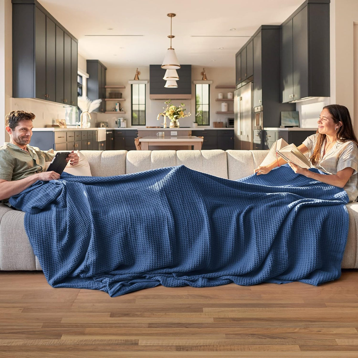 Bedsure 100% Cotton Blanket King Size for Bed - Breathable and Soft, Waffle Weave Blanket for Summer, Thick Cozy Fall Blankets for Women Gift, Navy, 104x90 inches