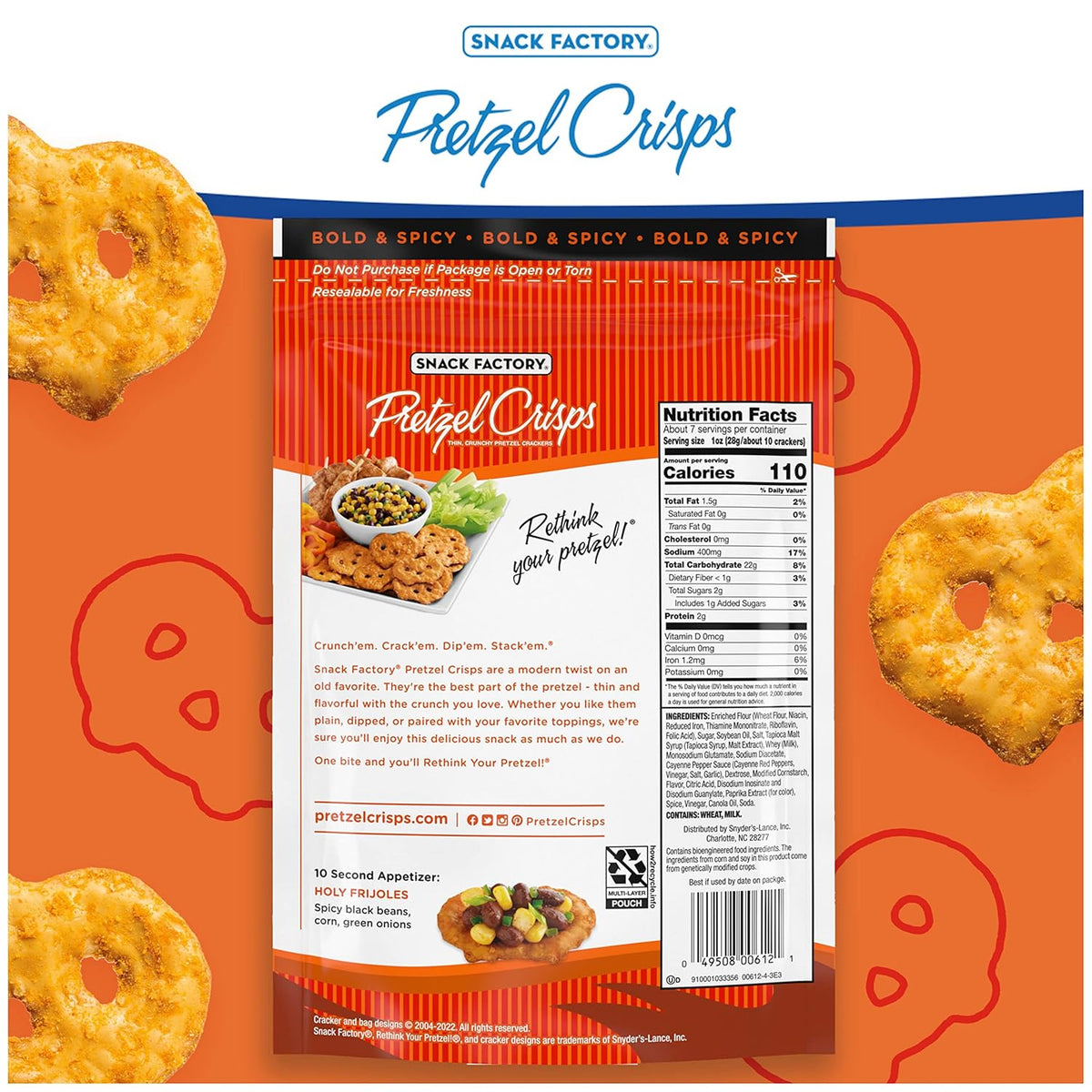 Snack Factory Buffalo Wing Pretzel Crisps, Non-GMO, 7.2 OZ Resealable Bag