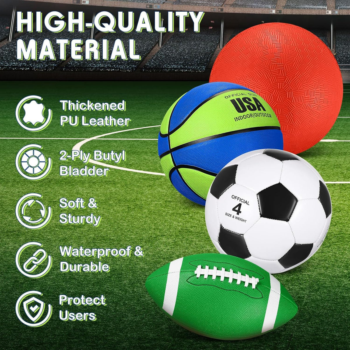 Deekin 4 Pcs Sport Balls Set for Kids Teens, Include Official Size 5 Basketball 4 Soccer 6 Football Playground Ball and Pump Sports Equipment Bag Recess Equipment Sport for Students(Navy Blue, Green)