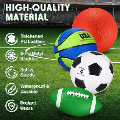 Deekin 4 Pcs Sport Balls Set for Kids Teens, Include Official Size 5 Basketball 4 Soccer 6 Football Playground Ball and Pump Sports Equipment Bag Recess Equipment Sport for Students(Navy Blue, Green)