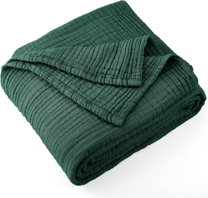 Carriediosa 100% Cotton Muslin Throw Blanket 90" X 90" Queen Size，4-Layers Summer Gauze Throws for Bed Couch，Soft Lightweight Breathable Linen Blankets Bedspread for Adults All Season，Dark Green