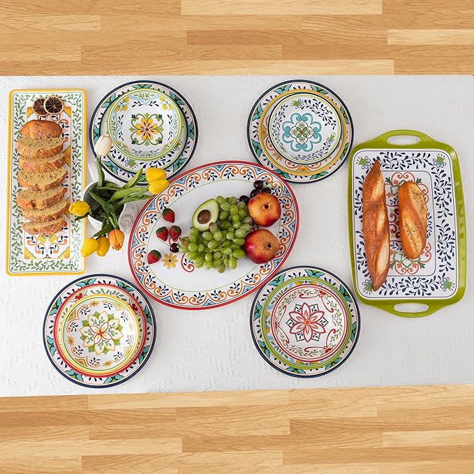 Large Serving Platter with Handles,19”x12”Large Rectangular Melamine Serving Tray Set of 2, Kitchen Food and BBQ Serving Platter, Talavera Grilling Prep and Serve Tray, Dishwasher Safe