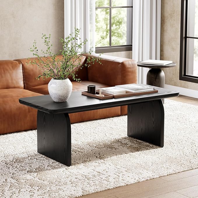 LITTLE TREE Farmhouse Coffee Table, 47 Inches Wooden Center Tables with Rounded Corners, Rectangular Living Room Tables, Modern Low Cocktail Tea Furniture for Living Room (Black)