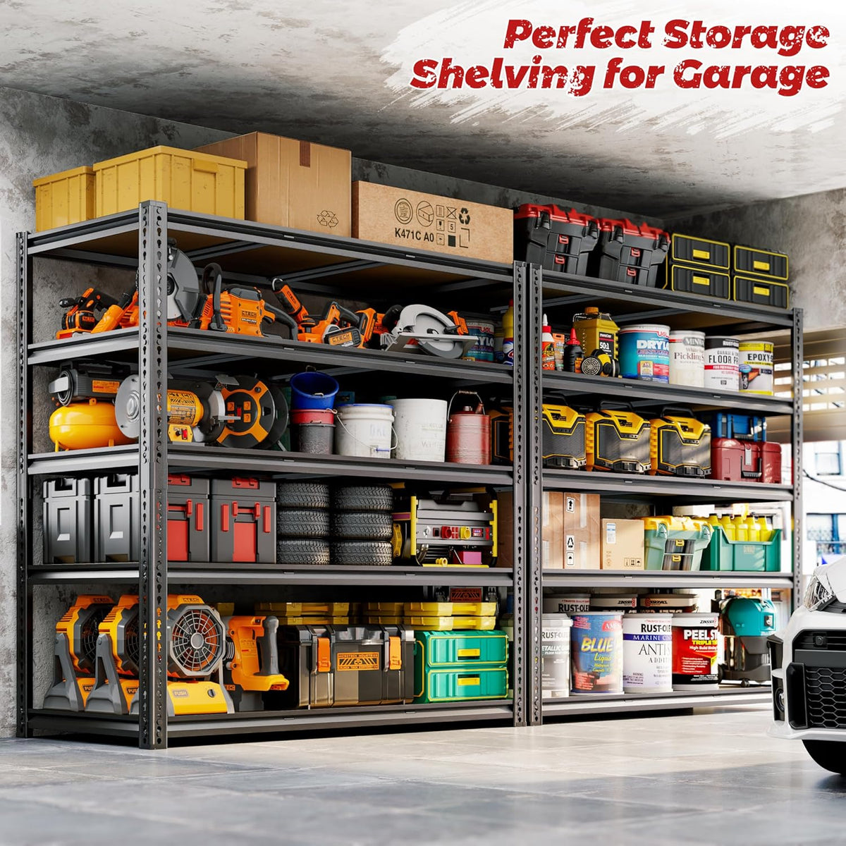 48"W Garage Shelving, 2650LBS Storage Shelves heavy duty, 5 Tier Metal Shelving Unit Adjustable Garage Shelves Heavy Duty Shelving for Warehouse,Commercial, Kitchen, 48" W × 24" D × 72" H, Black，2PCS