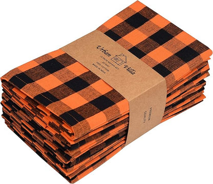 Urban Villa Halloween Cloth Napkins Back Orange Checks Dinner Napkins 20''x20'' (Set of 12) 100% Cotton Absorbent Napkins Soft Durable Reusable Washable Ideal for Events Parties Everyday use