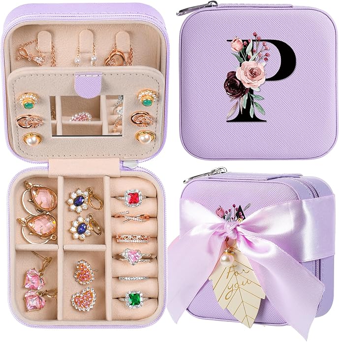 AYGXU Travel Jewelry Box for Women and Girls - Small Case With Initial A-Z - Teacher Gifts
