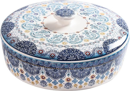 Bico Blue Talavera Ceramic Tortilla Warmer, 8.9 Inch Tortilla Holder with Lid for Taco Bread Pancake for Mexican Night and Party, Microwave and Dishwasher Safe