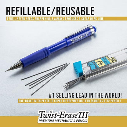 Pentel Twist-Erase III Mechanical Pencil, (0.9mm), Blue Barrel, Box of 12 (QE519C)