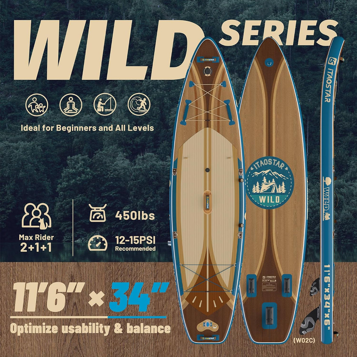 Wild 11'×36"/11'6"×34"/12'6"×33" Inflatable Paddle Board with Seat, One-Stop Premium SUP Board Gears, Tailored 5 Fins, Stable Inflatable Stand Up Paddle Boards for Youth/Adults of All Levels