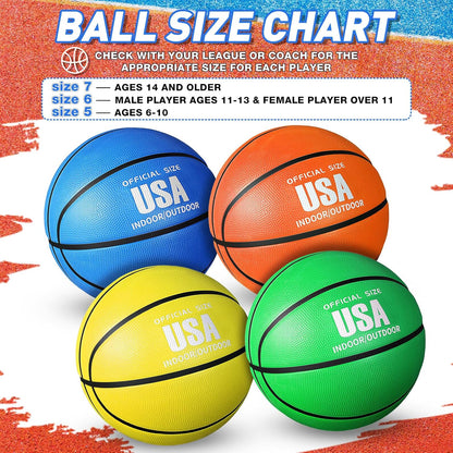 Libima 4 Pcs Rubber Basketball with Pump Official Size Indoor Outdoor Basketball Game Practice Training Kid Teen Women Men Streetbball Sport Gift Back to School
