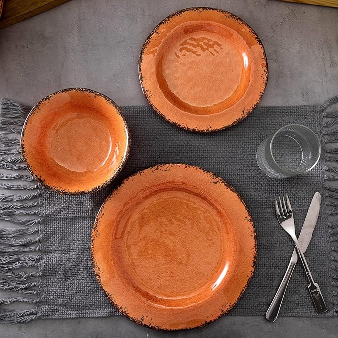 LEHAHA Melamine Salad/Dessert Plates, Crackled Design Plates Set of 6, 9 inch Small Dinner Plates, Modern Rustic Kitchen Serving Dishes for Party, Picnic and Camping Use, Orange