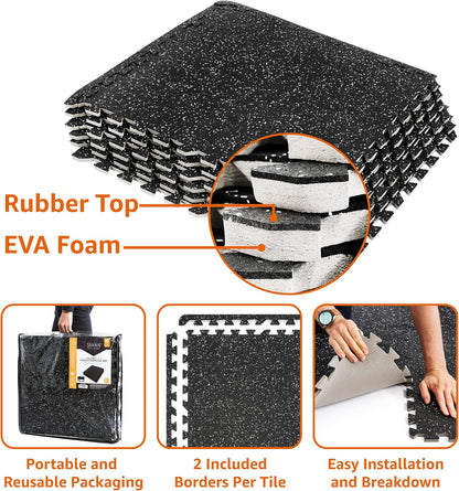 Sivan Fitness 1/2" Thick Rubber Top High-Density EVA Foam Gym Flooring for Home Gym - 48 Sq Ft Exercise Mat Tiles for Workout, Yoga, MMA, Heavy Exercise Equipment Mat - 12 Interlocking Gym Floor Mat