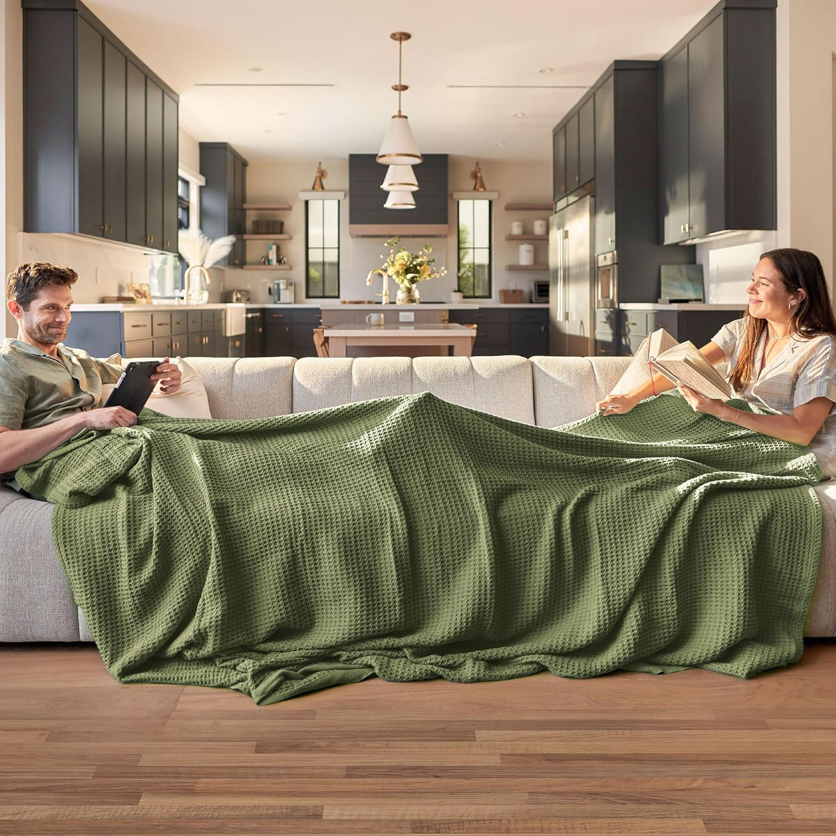 Bedsure 100% Cotton Blanket Twin XL Size for College Dorm - Breathable and Soft, Waffle Weave Twin Blanket for Summer, Dorm Room Essentials, Olive Green, 66x90 inches