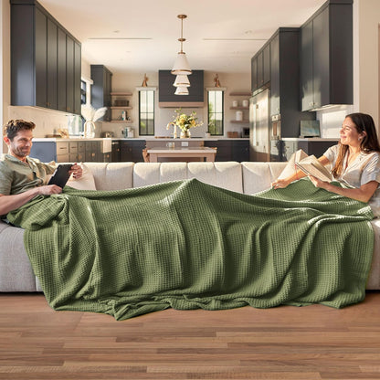Bedsure 100% Cotton Large Throw Blanket for Couch 50x70 inches - Breathable and Soft, Waffle Weave Throw Blanket for Office, Olive Green