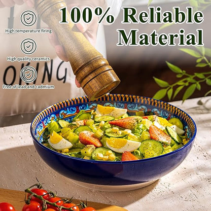 Large Serving Bowls Set of 2, Bohemian Style 10" Large Ceramic Bowls for Entertaining and Party, Bowls for Pasta Soup Fruit Ramen Cereal, Dishwasher Oven Safe