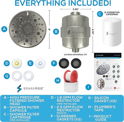 SparkPod Luxury Filtered Shower Head Set 23 Stage Shower Filter - Reduces Chlorine and Heavy Metals - High Pressure Showerhead Filter (8" Round, Elegant Brushed Nickel)