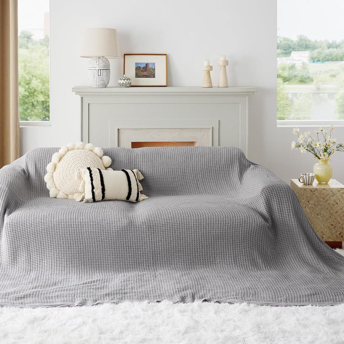 Bedsure 100% Cotton Large Blanket Oversized King for Bed - Breathable Thick Waffle Weave Blanket for Summer, Couch Cover, Grey, 120x94 inches