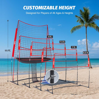 ZELUS Volleyball Training Equipment, 11x8 ft Volleyball Practice Net Station with Adjustable Height & Ball Return