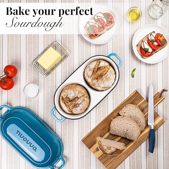 Dutch Oven For Sourdough Bread Baking – Enamelled Cast Iron Bread Loaf Pot – 500°F Oven Safe Non Stick Bread Pot – Double Round Loaf Space, 16.5cm Diameter, Light Blue, – by Nuovva